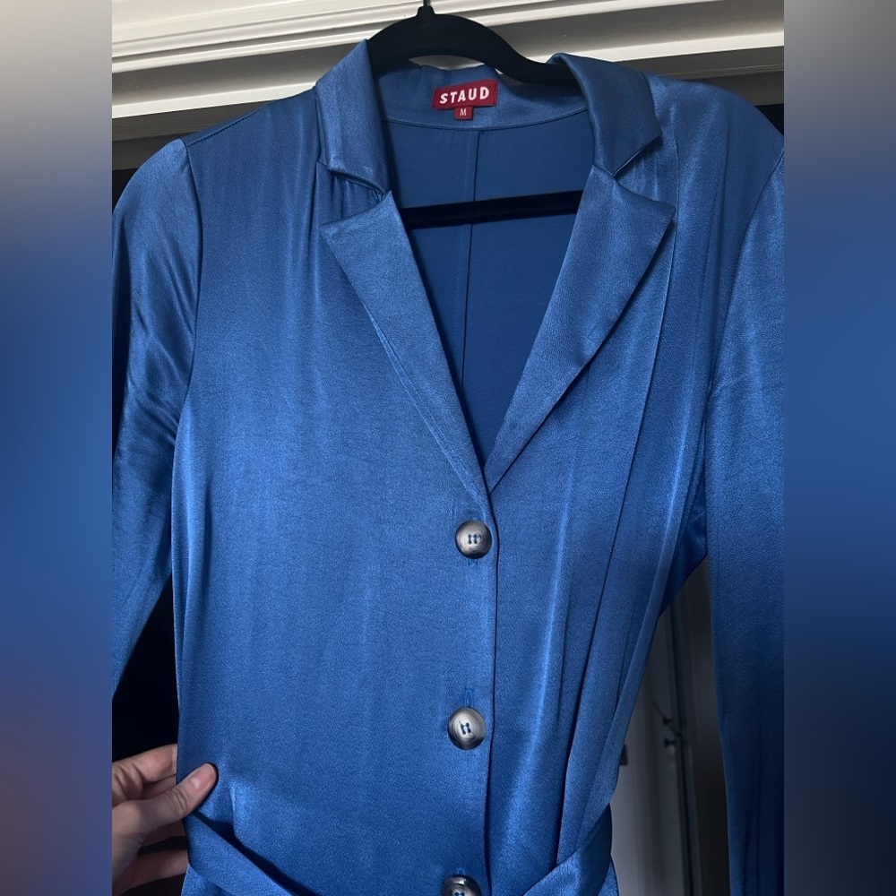 STAUD Royal Blue Satin Dress with Long-Sleeves Bell Sleeves Size M Modest Dress - Picture 4 of 10